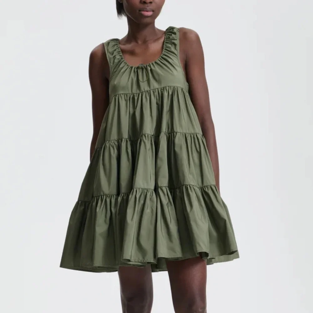 New Cecilie Bahnsen Aino Tiered Recycled Faille Minidress in Olive Green Size 4